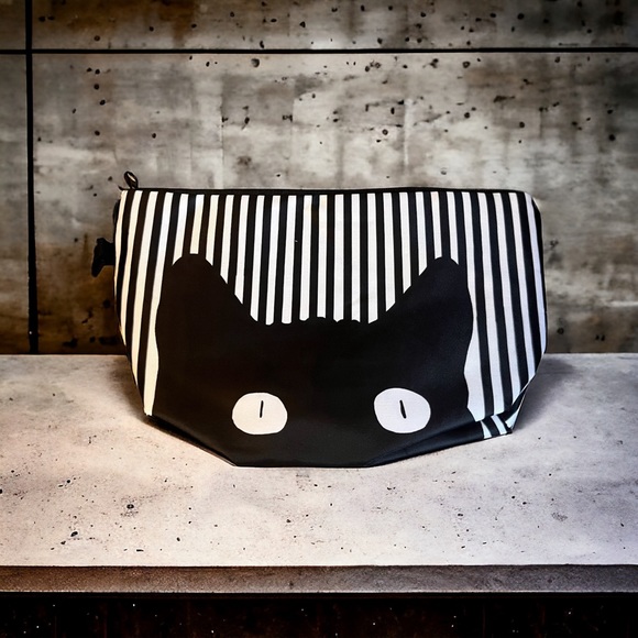Handbags - Black cat striped makeup bag